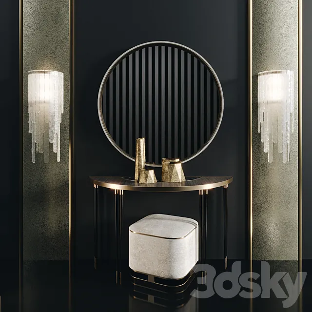 Frato Richmond console. Water Fall light. Ashi stool. Ring mirror 3DModel