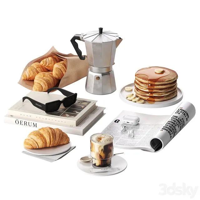 French breakfast with coffee and croissant 3D Model