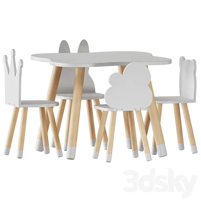 FUN Wooden Kids Table and Chairs Set 3DModel