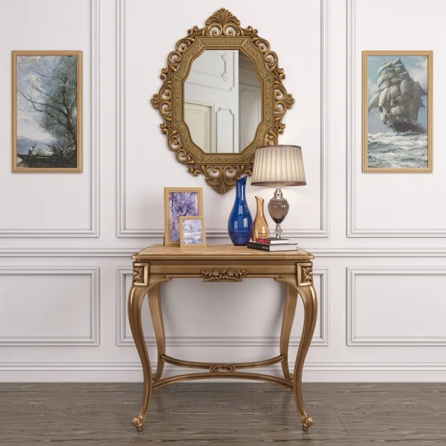 furniture - Antique French onyx table and Antique gold mirror & lamp 3D Model