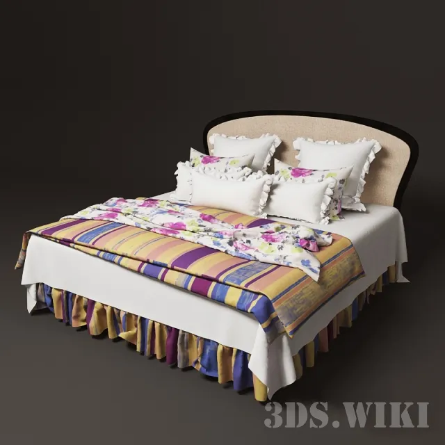 furniture - Bed with colored linens and pillows 3D Model