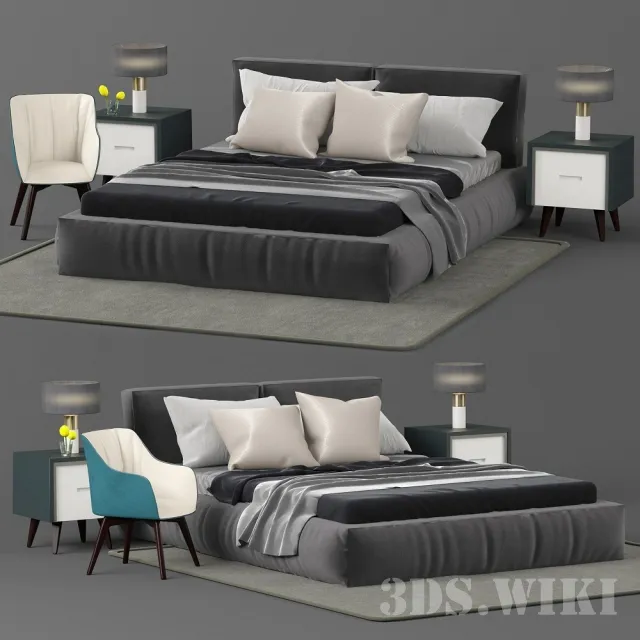 furniture - Bed with pillows a bedside table lamps ... 3D Model