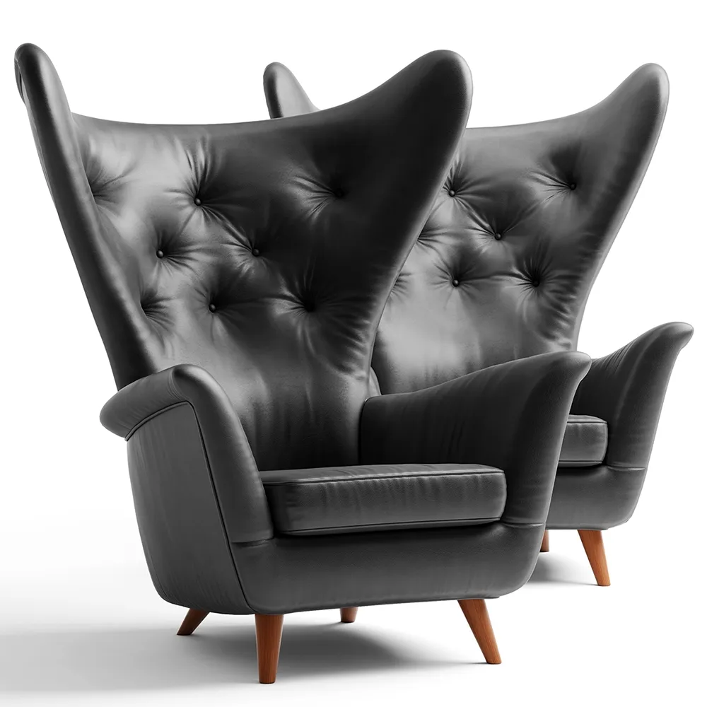 furniture - Black leather Wing lounge chair 1950s 3D Model