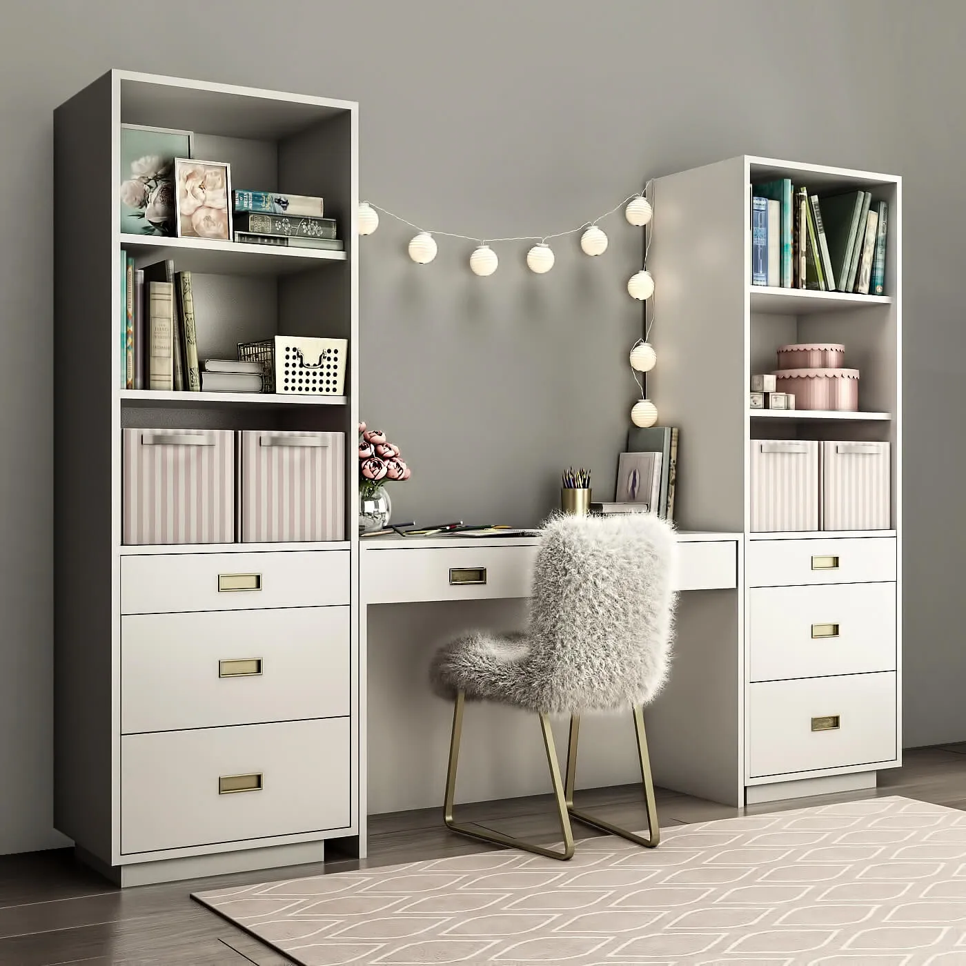 furniture - Bookcases Restoration Hardware Avalon  with desk waxed white in color 3D Model