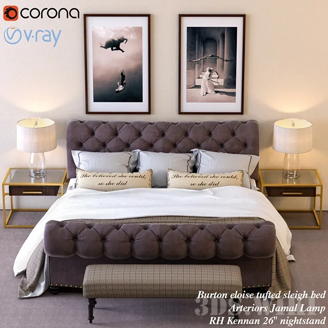 furniture - Burton Eloise Tufted Restoration Hardware Bed 3D Model