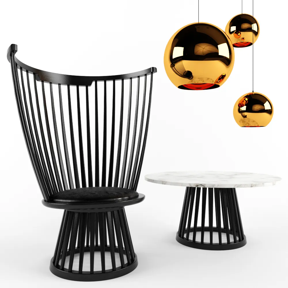 furniture - Chair and table with ceiling lamp 3D Model