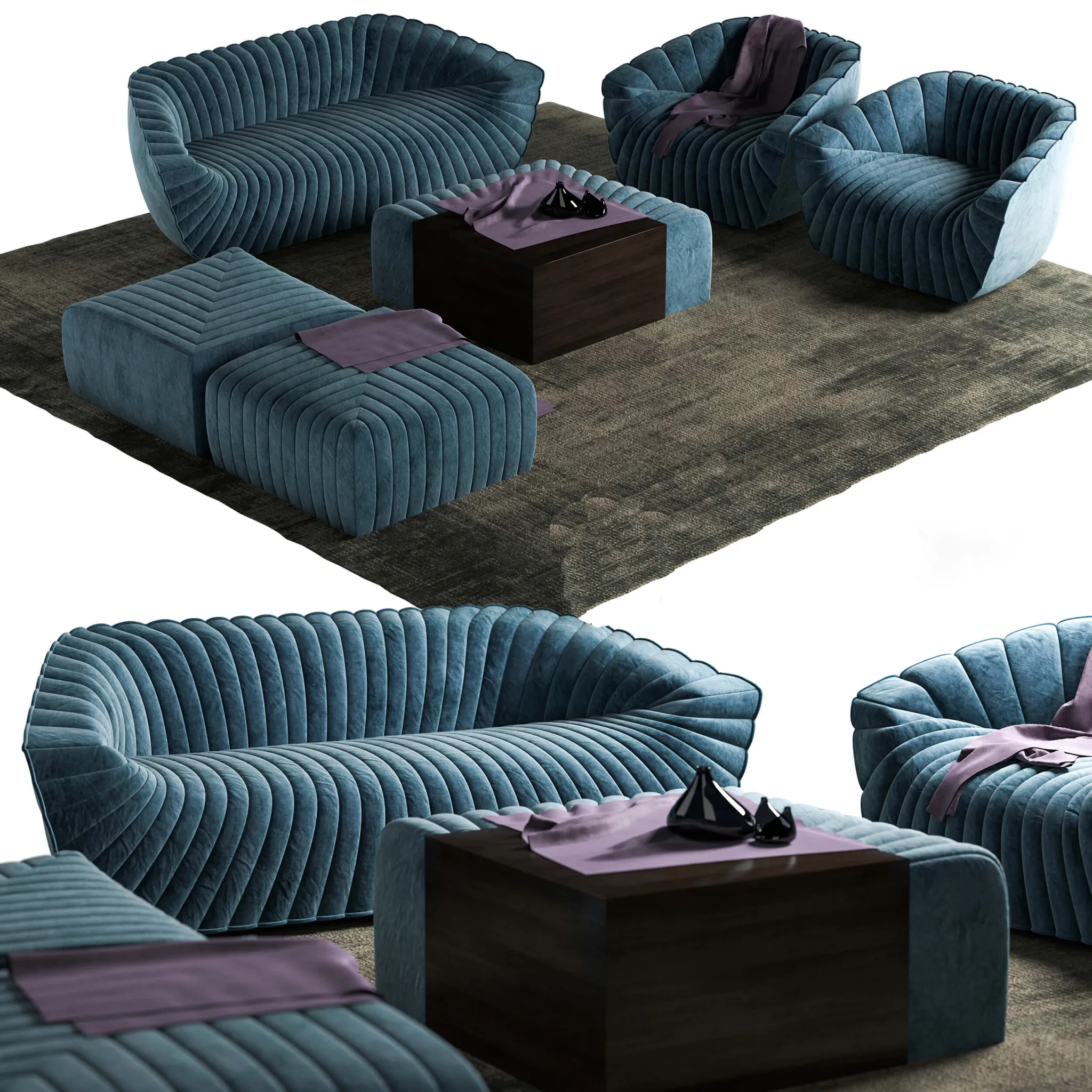 furniture - Chic blue sofa set 008 3D Model