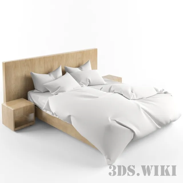 furniture - Contemporary wooden bed with side tables 3D Model