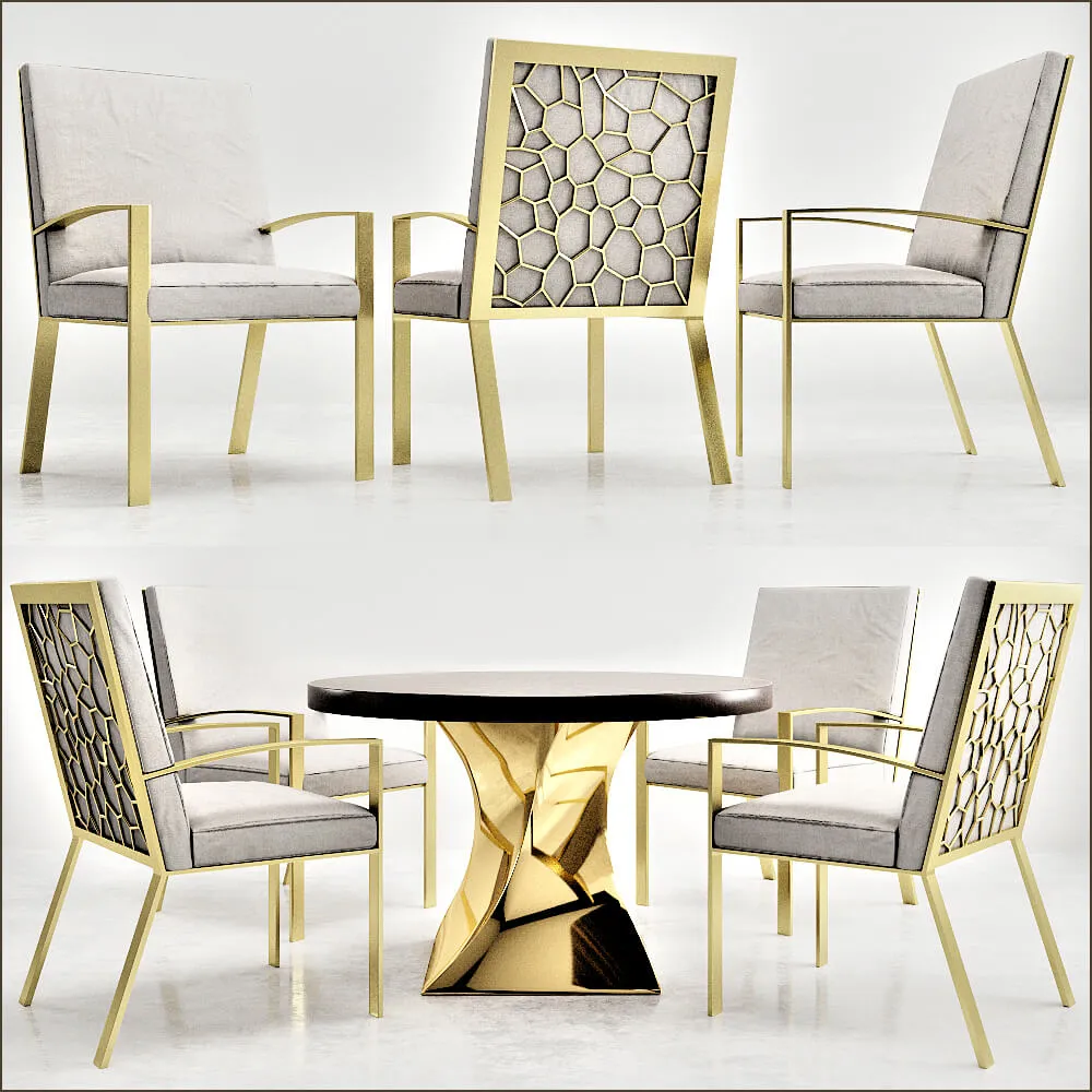 furniture - Gold table with chairs 004 3D Model