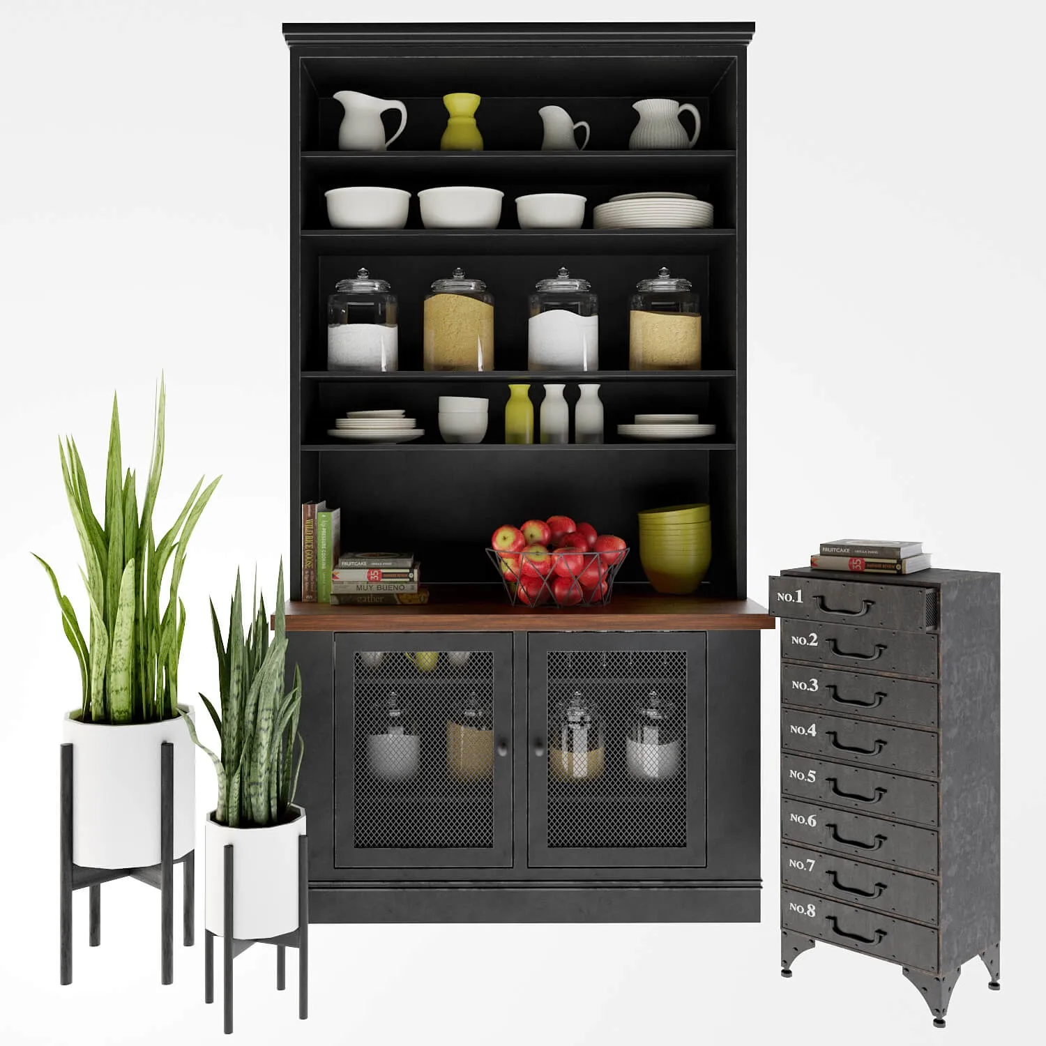 furniture - Industrial Loft Rustic Iron 8 drawer dresser and kitchen decor set 3D Model