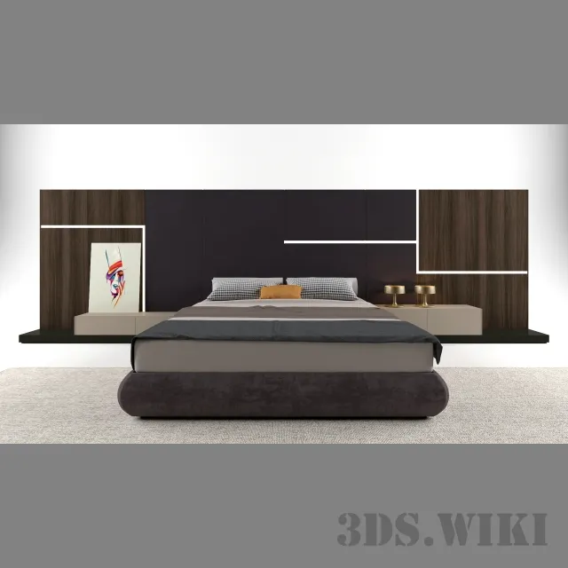 furniture - Modern Bed with Large Headrest 3D Model