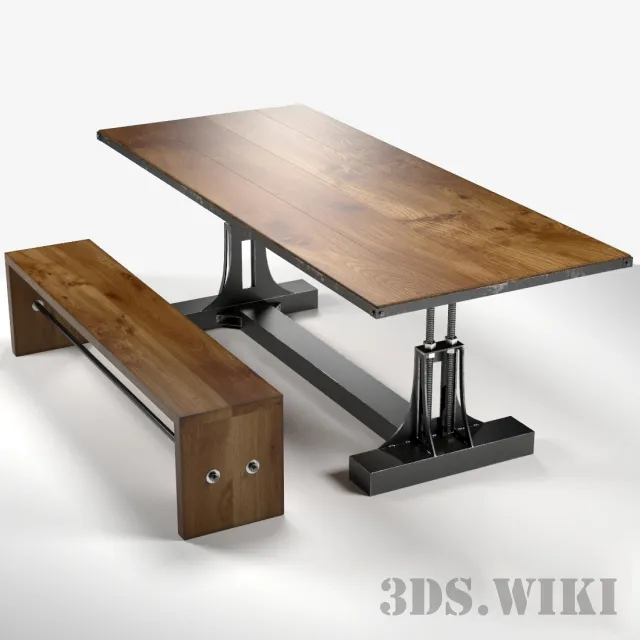 furniture - Post Industrial Dining Table and Bench 3D Model