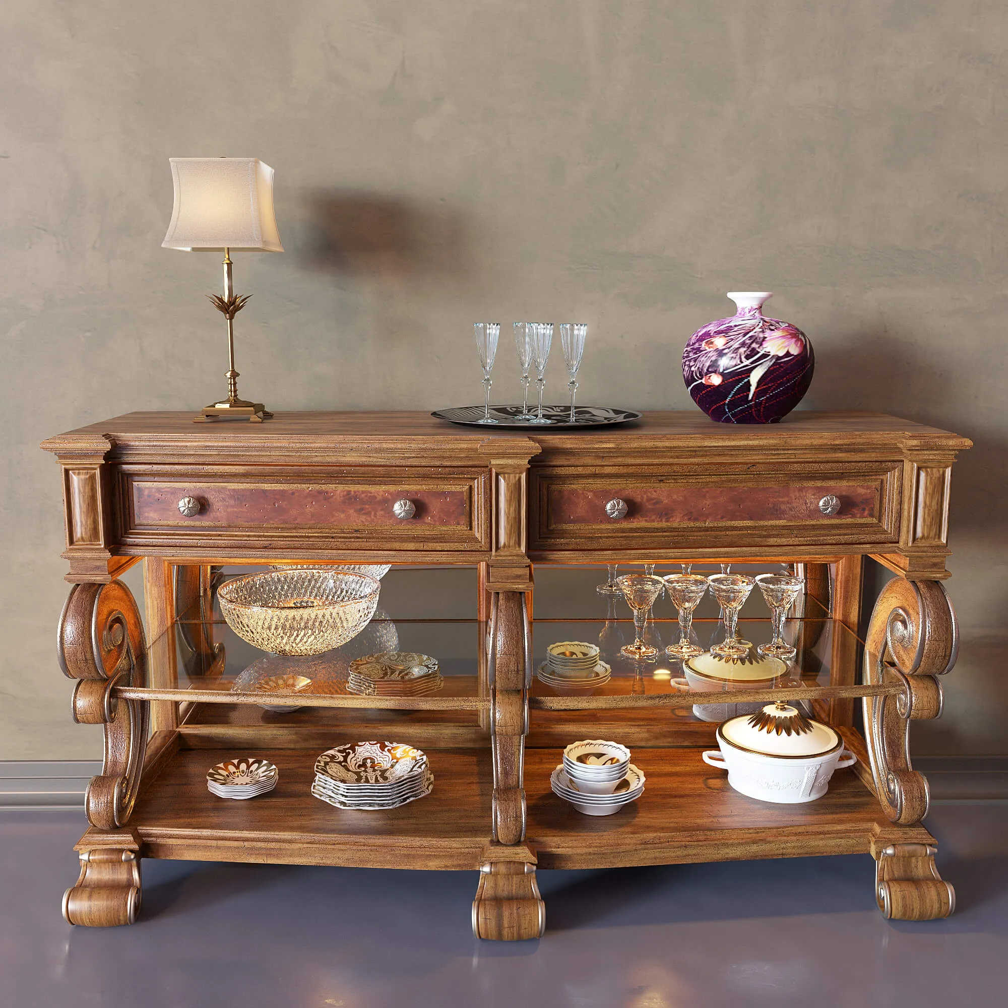 furniture - Sideboard for kitchen with table lamp 01 3D Model