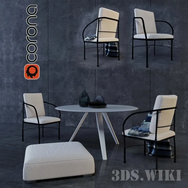 furniture - Small Cropped Italia table chairs and ottoman 3D Model