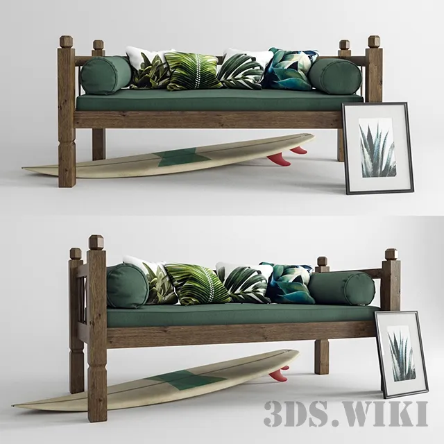 furniture - Sofa with wood frame and tropical decors 3D Model