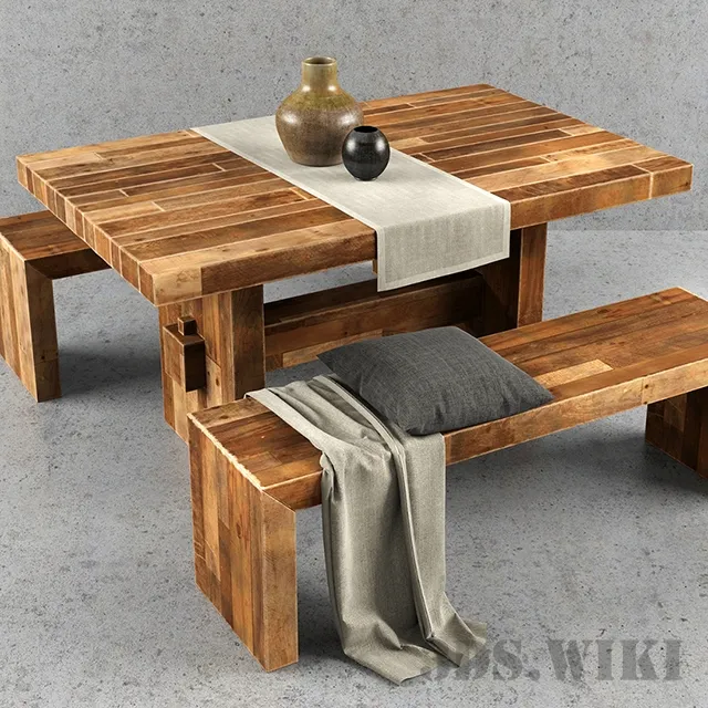furniture - WestElm Wooden Table and Bench 3D Model