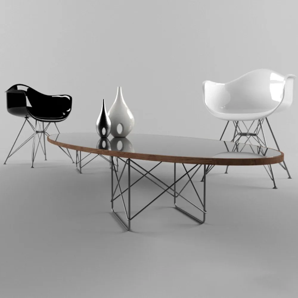 furniture - Wire Base Elliptical Table with Chairs 3D Model