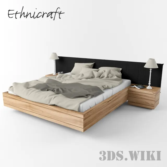 furniture - Wooden Bed with Bedside Tables 3D Model