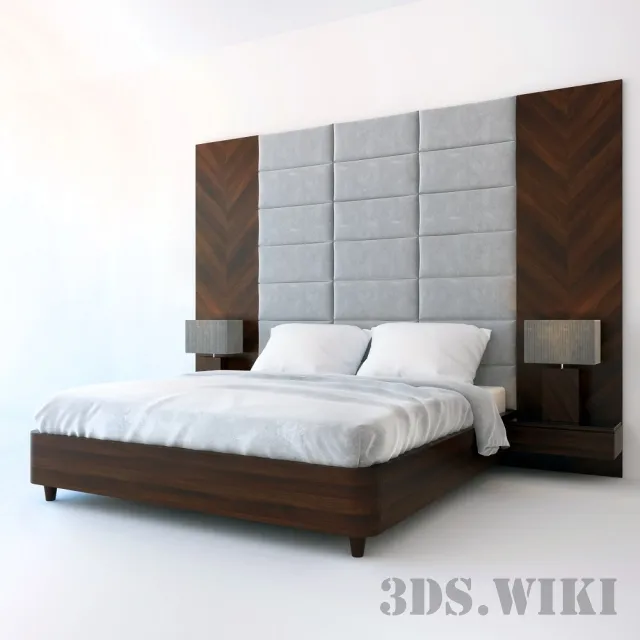 furniture - Wooden bed with large headboard 3D Model
