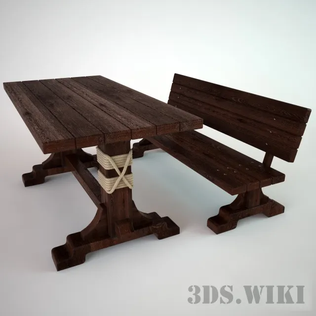 furniture - Wooden table and bench 3D Model