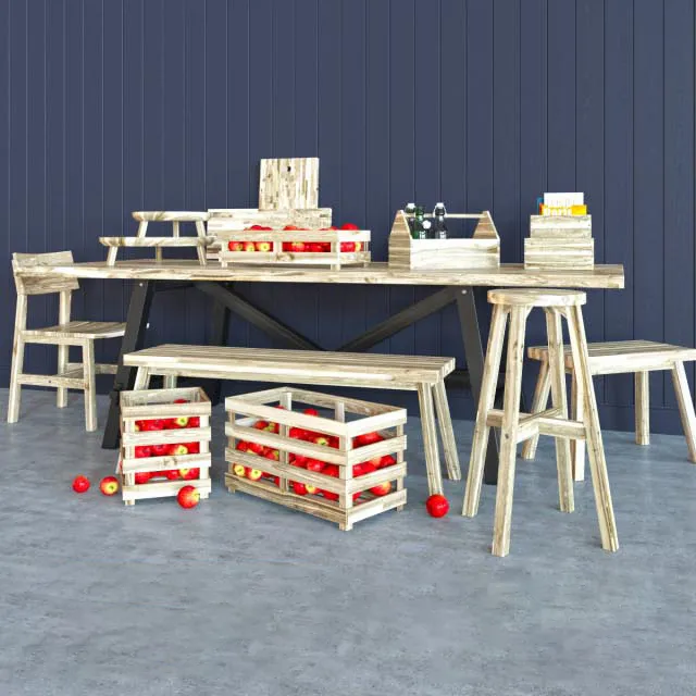furniture - Wooden table with box of apples 01 3D Model