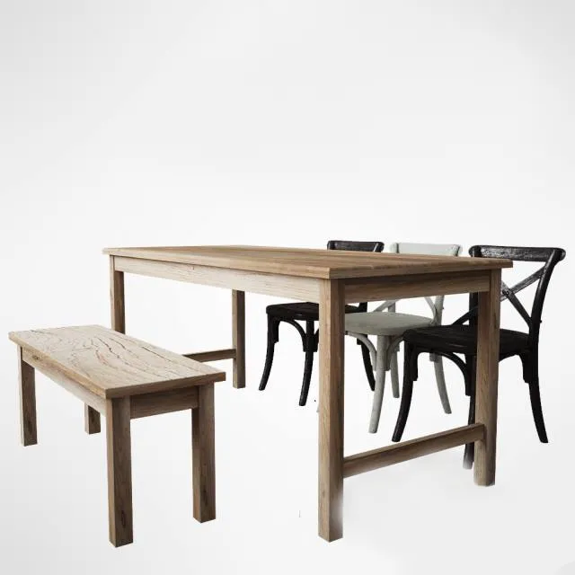 furniture - Wooden table with chairs 03 3D Model