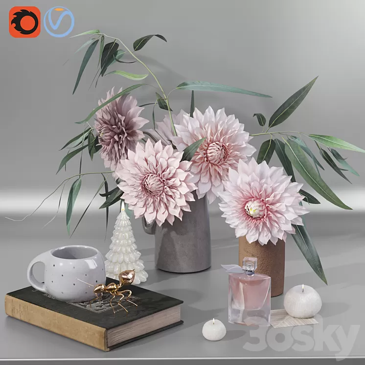 Garden Marigold Dahlia flowers decor set 3D Model