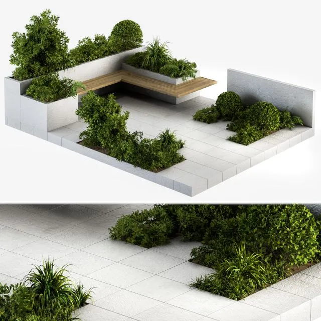 Garden outdoor set bush and tree and bench 3D Model