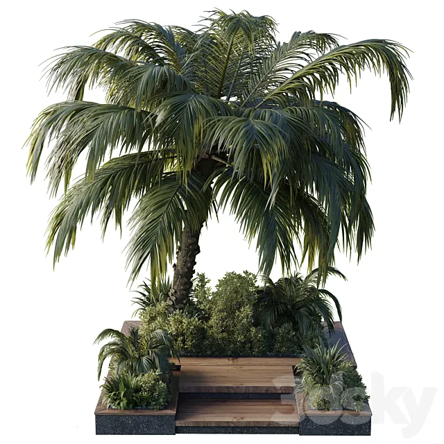 garden pot tree palm bush fern grass concrete base Collection Outdoor plant 102 3D Model