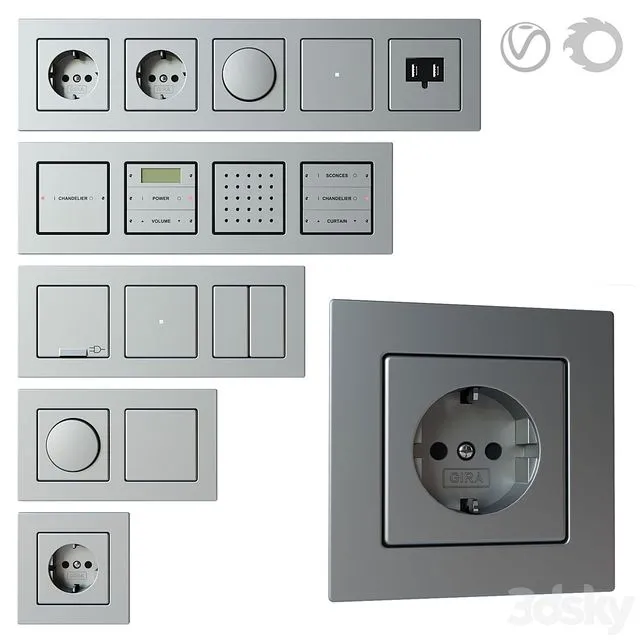 Gira E22 - set of sockets and switches 3D Model