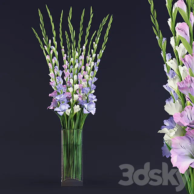 gladiolus bouquet in glass vase 3D Model