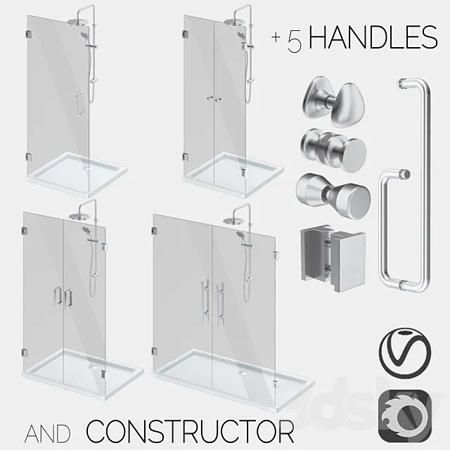 Glass shower cabins designer and a set of handles 3D Model