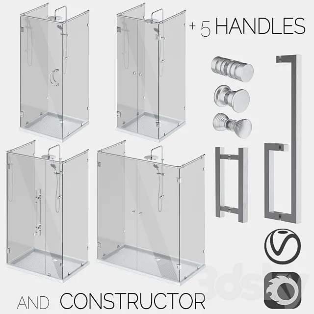 Glass shower cabins designer and a set of handles 3D Model