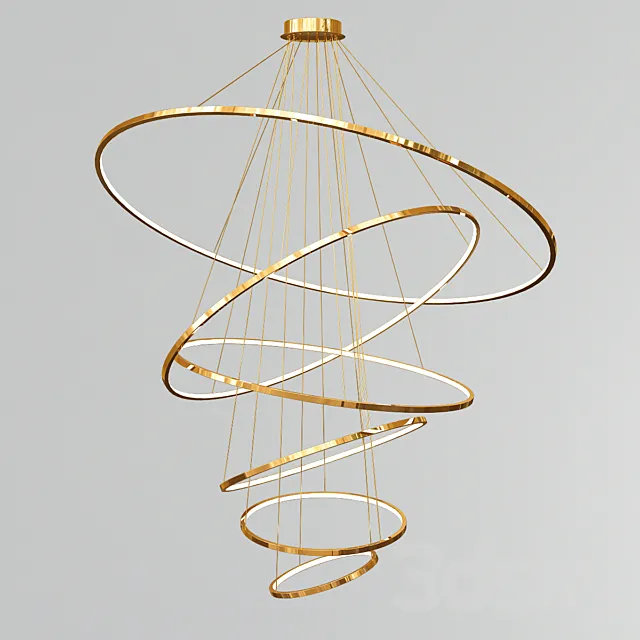 Gold and Nickel Led Swirl Six Ring Chandeliers 3D Model