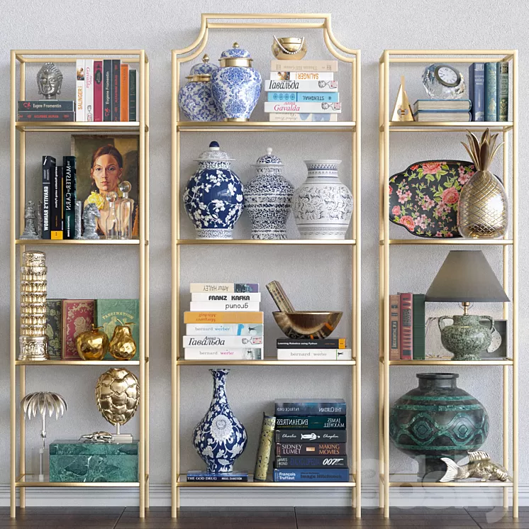 Golden rack with decor for the apartment figurines and a lamp 3D Model
