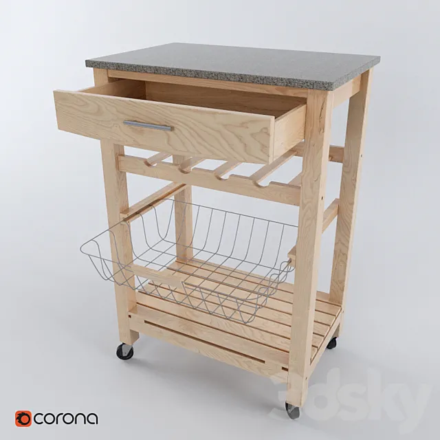 Granite Top Kitchen Cart - Natural Base 3DModel