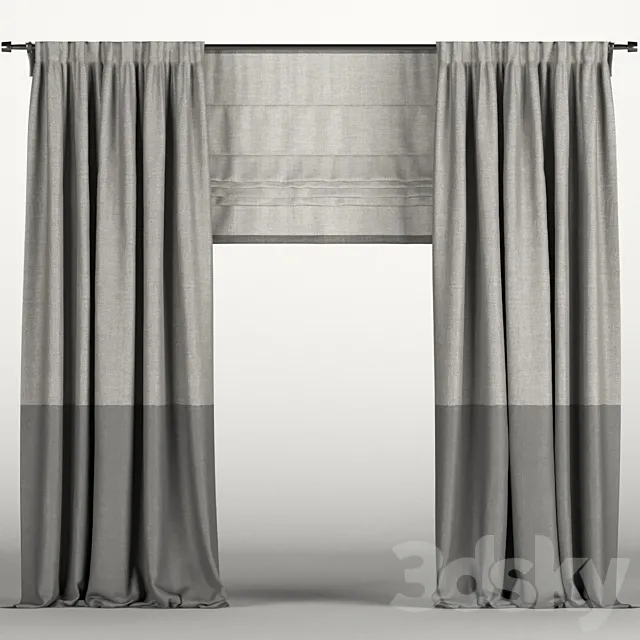 Gray curtains in two shades with a Roman curtain. 3D Model