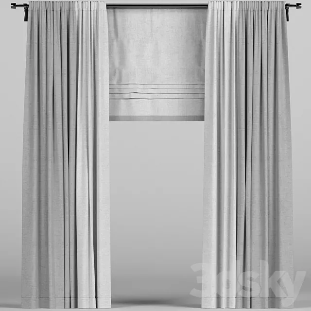 Gray curtains with roman blinds. 3D Model