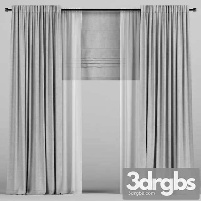 Gray curtains with tulle and a roman curtain. 3D Model Free