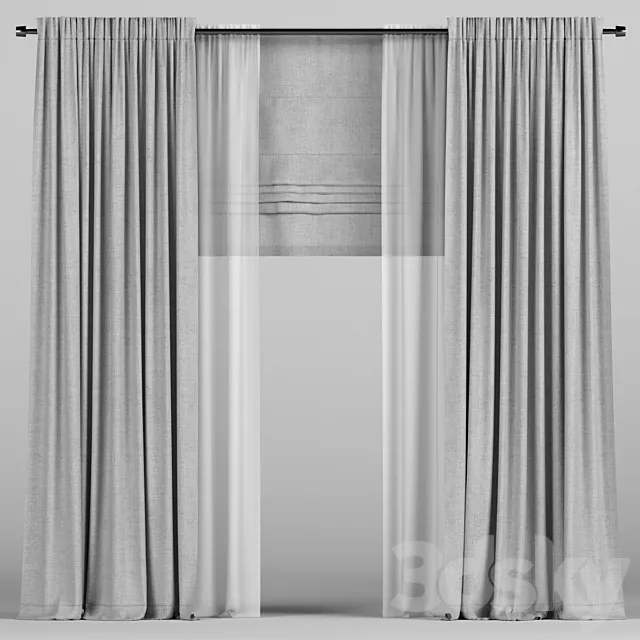 Gray curtains with tulle and a roman curtain. 3D Model