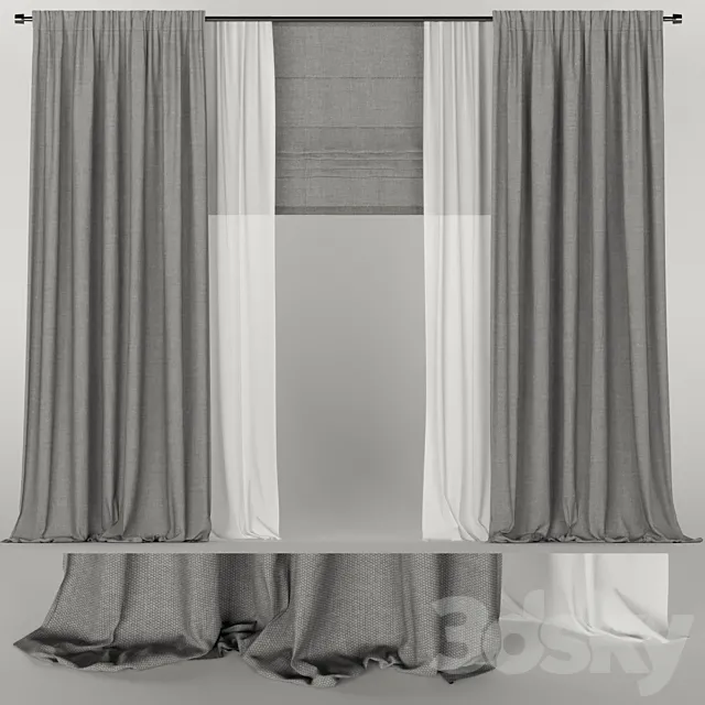 Gray curtains with tulle and roman blinds. 3D Model