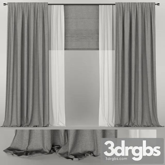 Gray curtains with tulle and roman blinds. 3D Model Download