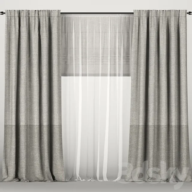 Gray curtains with tulle and roman blinds. 3D Model