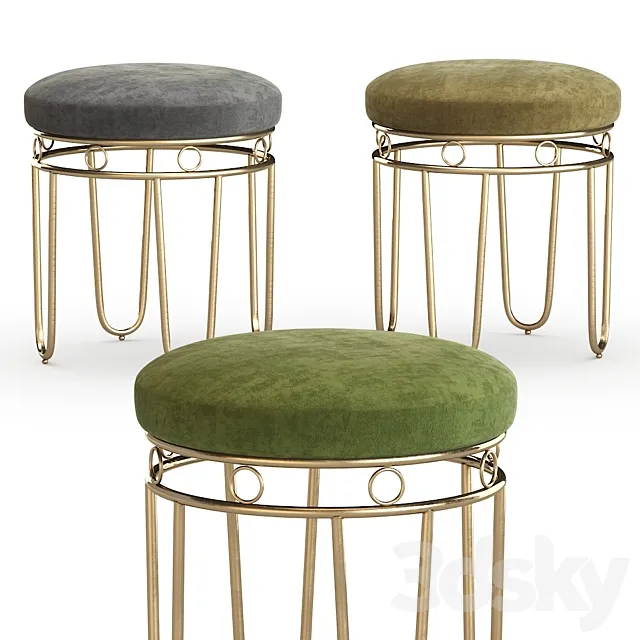 Gray Linen Stool with Gold Legs 3D Model