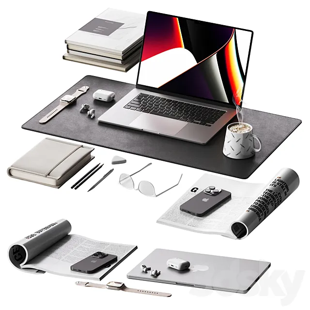 Gray minimalistic decor for a workplace with a set of Apple equipment 3D Model