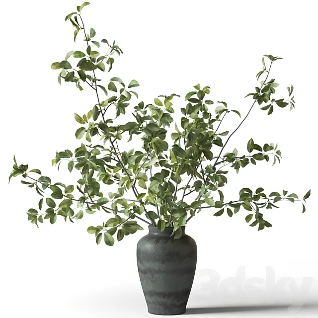Green branches in a green clay vase 3D Model