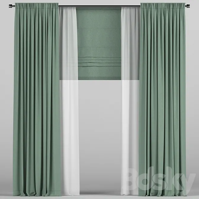 Green curtains with roman. 3D Model