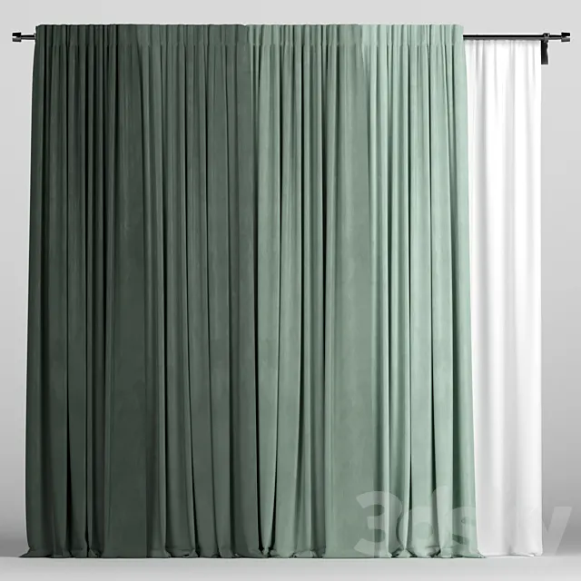 Green curtains with tulle 3D Model