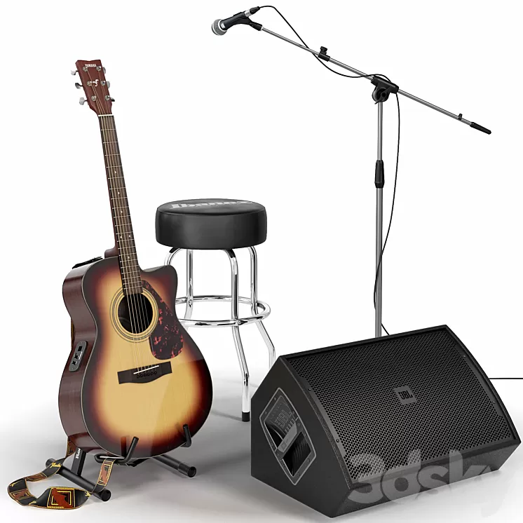 Guitar. Guitar set for stage. Musical instrument. Microphone 3D Model