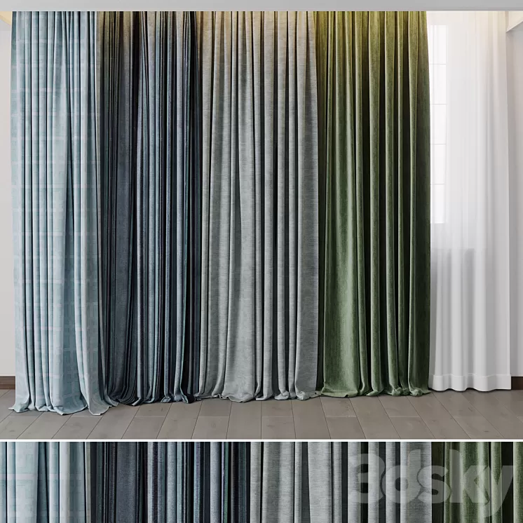 Hadi Curtains 40 – collection of green and blue curtains with patterns 3D Model